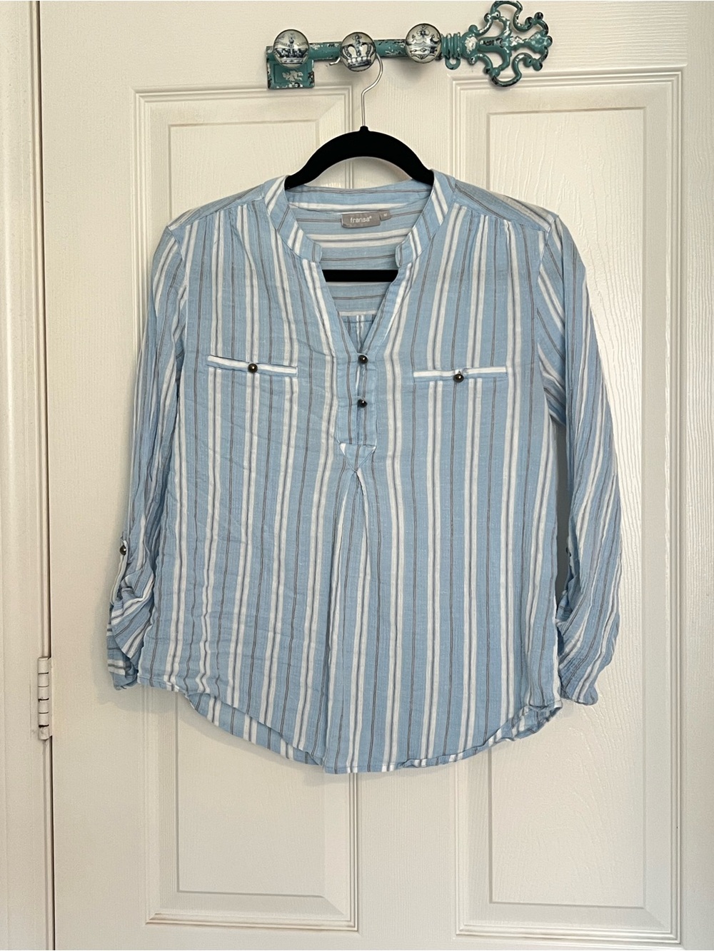 Striped Light Blue Linen Button-Down Tunic Shirt By Fransa